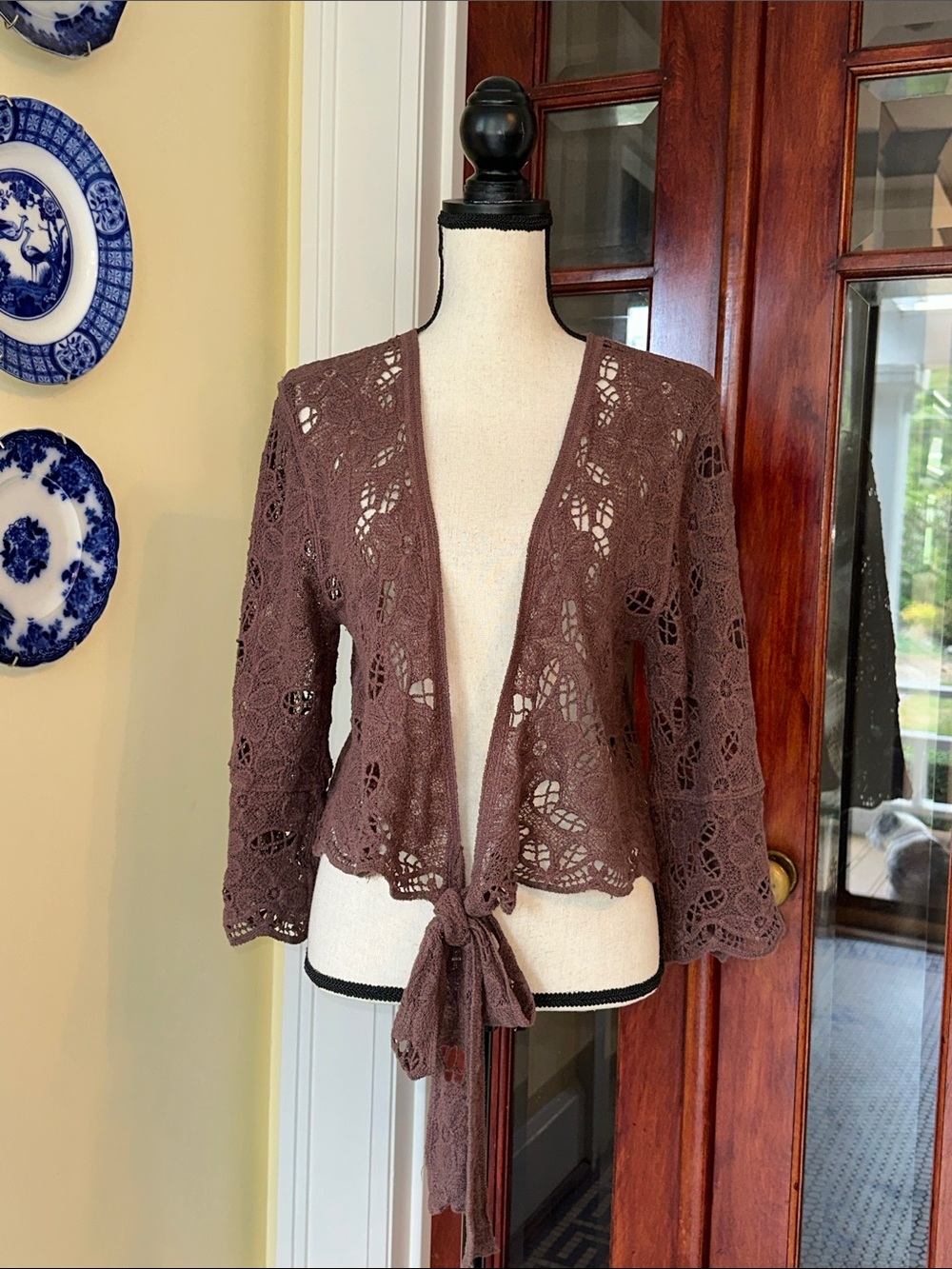 House of Harlow 1960 | Brown Lace Tie Front Cardigan Cropped Shrug, One Size